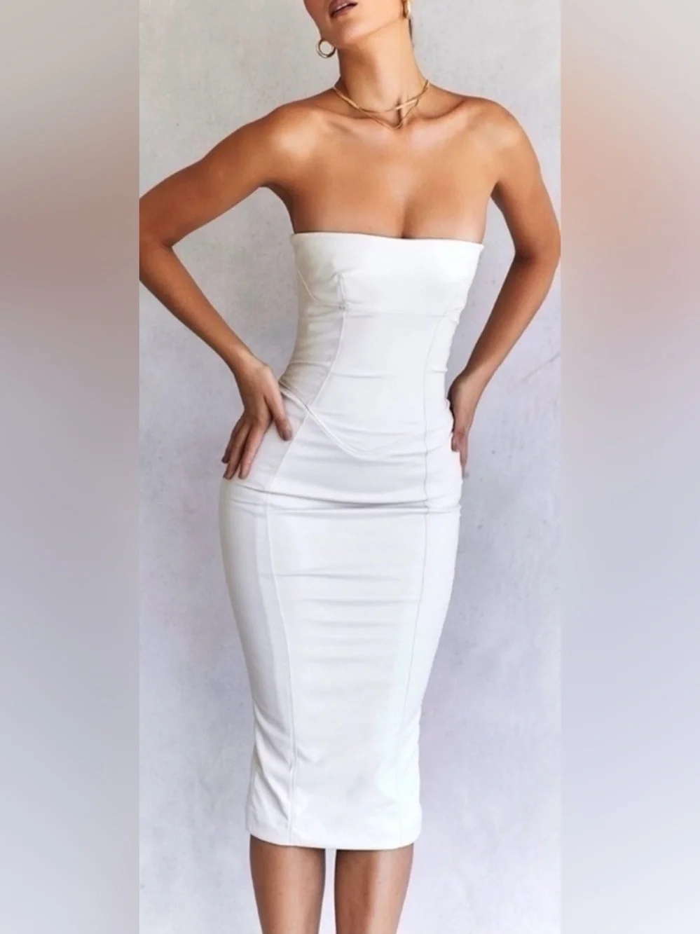 NWOT House of CB- Camilla Ivory Strapless Midi Dress Bodycon Faux Leather Sz XS